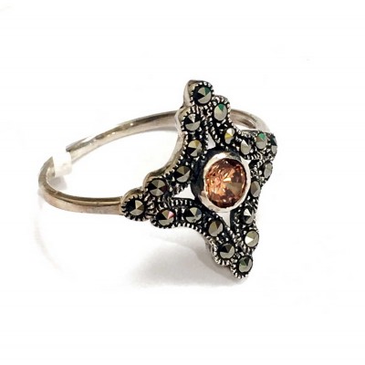 Marcasite Ring Cross Shape Round Champagne Cubic Zirconia Center