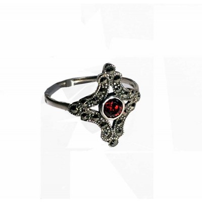 Marcasite Ring Cross Shape Round Garnet Cubic Zirconia Center