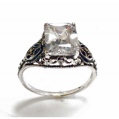Marcasite Ring Clear Cubic Zirconia Rectangular Filigree