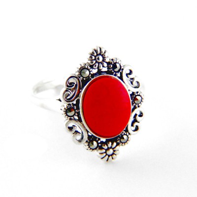 Marcasite Ring Oval Recontituent Coral Stone Wavy And Flo 