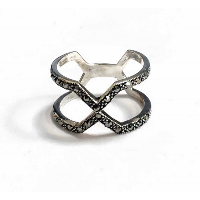 Marcasite Ring Marcasite Criss-Cross Angles Double Line 