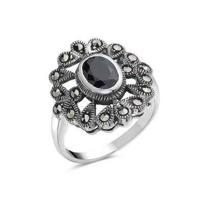 Marcasite RING OVAL BLACK Cubic Zirconia MARCASITE IN TEAR DROP AROUN