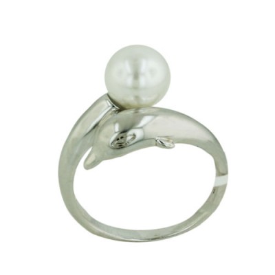Sterling Silver Ring Dolphin with Faux Pearl 8-9 mm