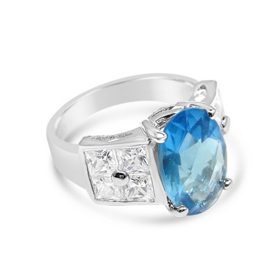 Sterling Silver Ring Oval Blue Topaz Crtstl 8X10 mm Side Princess Cut