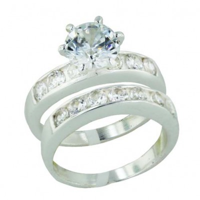 Sterling Silver Ring Clear Cubic Zirconia Engagement Ring Twin Sets--E-Coate