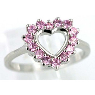 Sterling Silver Ring 11mm Open Pink Cubic Zirconia Heart Hallow