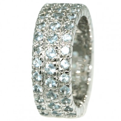 Sterling Silver Ring Eternity 3 Lines Aqua Marine Glass Cubic Zirconia