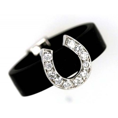 Sterling Silver Ring Horseshoe Clear Cubic Zirconia Black Rubber