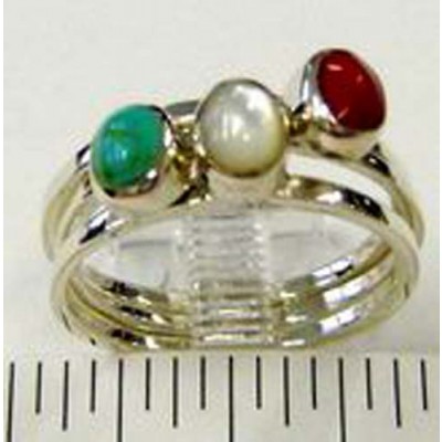 Sterling Silver Ring Stack 3 Pcs Oval Fuax Turquoise, Coral, Mother of Pearl