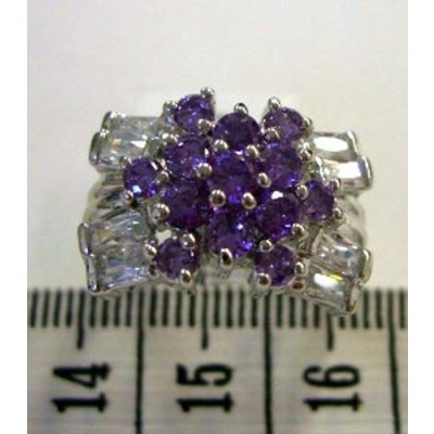 Sterling Silver Ring Flower Clear Cubic Zirconia with Amethyst Cubic Zirconia Bagutte