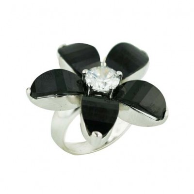 Sterling Silver Ring 5 Petals Jet Cubic Zirconia 10mm