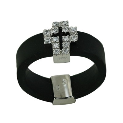 Sterling Silver Ring Open Cross Clear Cubic Zirconia Black Rubber