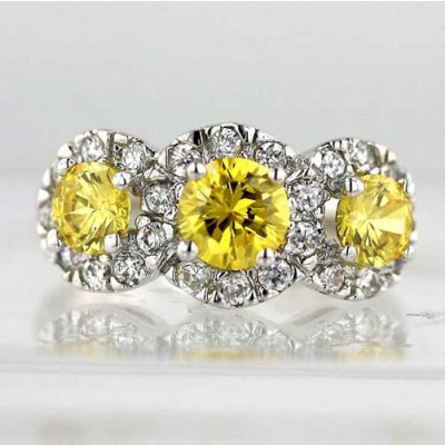 Sterling Silver Ring 3 Circle Citrine Cubic Zirconia with Clear Cubic Zirconia Around