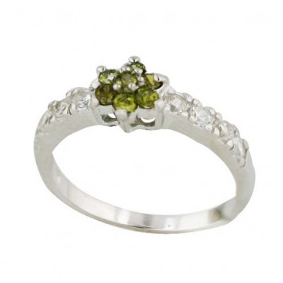 Sterling Silver Ring Flower Peridot Crystal Clear Cubic Zirconia Aside