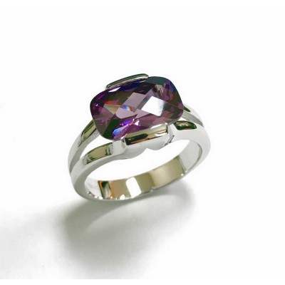 Sterling Silver Ring Pillow Checkerboard Amethyst Cubic Zirconia 4 Prong 