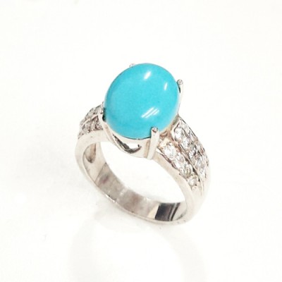 Sterling Silver Ring 1Cm Oval Imit. Turquoise Faceted Cut Sides Triple