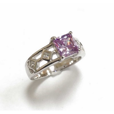 Sterling Silver Ring Center 7Mm Square Lavender Cubic Zirconia With 4 Rhombus 