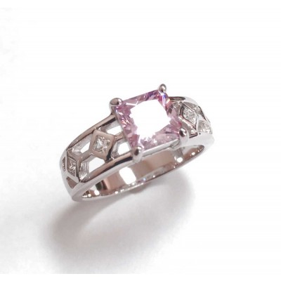 Sterling Silver Ring Center 7Mm Square Pink Cubic Zirconia With 4 Rhombus Cle