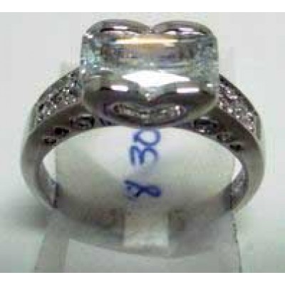 Sterling Silver Ring Clear Cubic Zirconia Baguette with Clear Cubic Zirconia + Heart Filigree