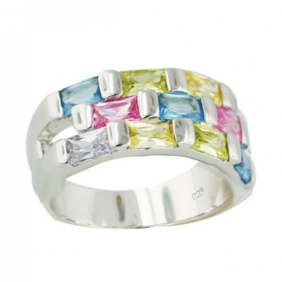 Sterling Silver Ring Multicolor Cubic Zirconia (Pink+Lvdr+Light Olivine+Citrine+Bt)
