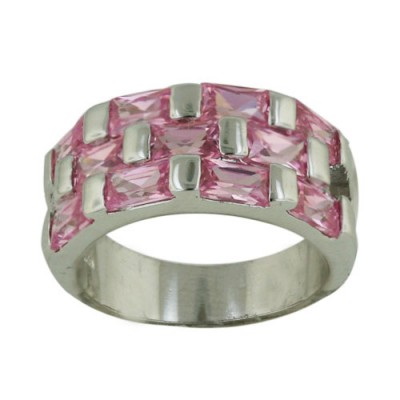 Sterling Silver Ring Pnk Cubic Zirconia Baguette with Plain Block Btwn