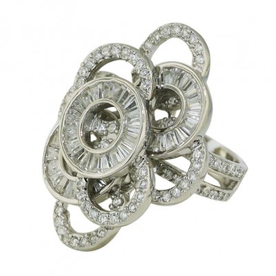 Sterling Silver Ring Clear Cubic Zirconia Open Round Flwrs+3 Cubic Zirconia Baguette