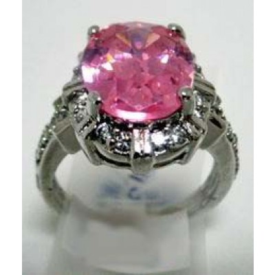 Sterling Silver Ring Oval Pink Cubic Zirconia with Clear Cubic Zirconia Band+ Around