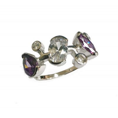 Sterling Silver Ring Amethyst Cubic Zirconia Marquis+Tear Drop Clear Ova