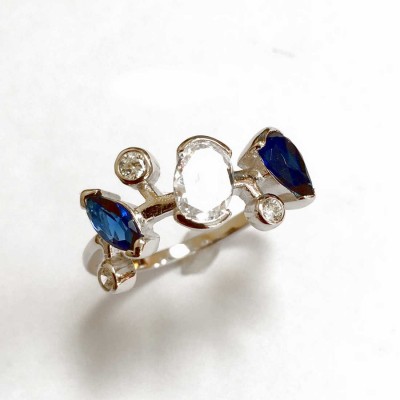 Sterling Silver Ring Sapphire Glass Marquis+Tear Drop Clear Ova 