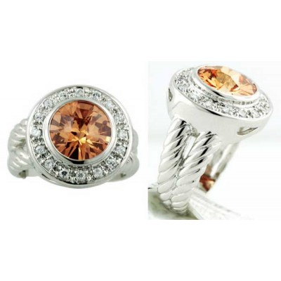 Sterling Silver Ring 10mm Champagne Cubic Zirconia Chess Cut Round+Clear Cubic Zirconia Around with