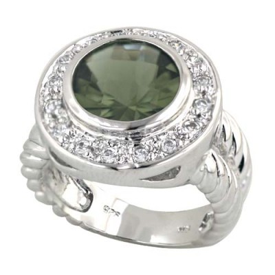 Sterling Silver Ring 10mm Smokey Crystal Chess Cut Round+Clear Cubic Zirconia