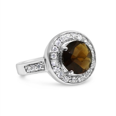 Sterling Silver Ring 9mm Round Smokey Crystal Chess Cut with Clear