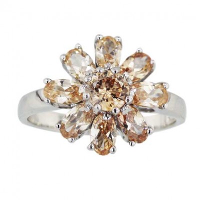 Sterling Silver Ring 8 Oval Flower Petal Champagne Cubic Zirconia