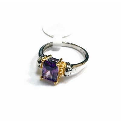 Sterling Silver Ring Two Tone Rectangular Amethys 