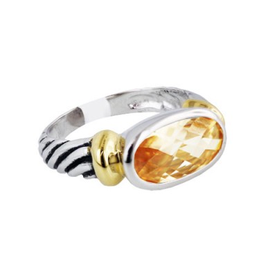 Sterling Silver Ring Champagne Cubic Zirconia Chess Cut Bezel with Rope Band