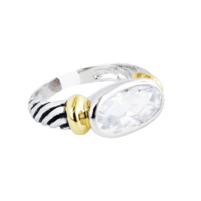 Sterling Silver Ring Clear Cubic Zirconia Chess Cut Bezel with Rope Band