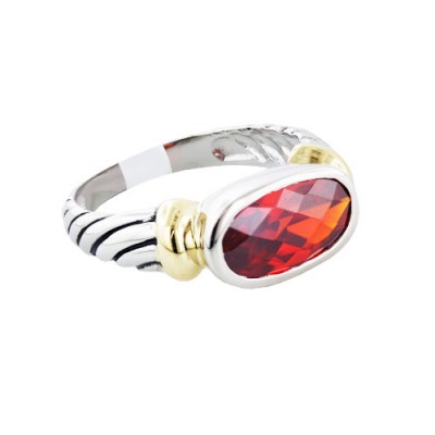 Sterling Silver Ring Garnet Cubic Zirconia Chess Cut Bezel with Rope Band
