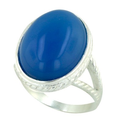 Sterling Silver Ring Oval Blue Agate with 2 Thin Rope Band Links