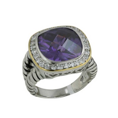 Sterling Silver Ring 13X13mm Chess Cut Amethyst Cubic Zirconia Outer Gold Tone+ I