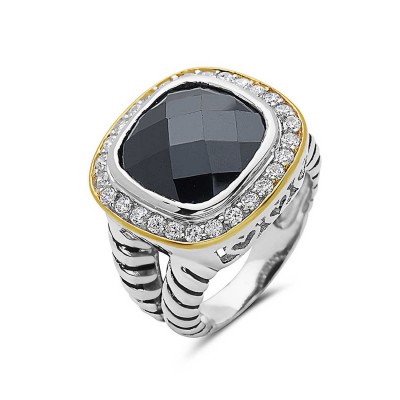 Sterling Silver Ring 13X13mm Chess Cut Black Cubic Zirconia Outer Gold Tone+ I