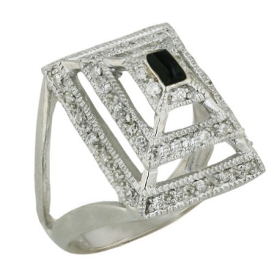 Sterling Silver Ring Onyx Top+Clear Cubic Zirconia Pyramid