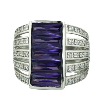 Sterling Silver Ring 20mmx10mm Amethyst Cubic Zirconia Rectangular with 5 Line both Side- - 8