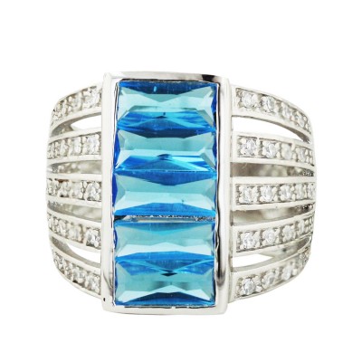 Sterling Silver Ring 20mmx10mm Blue Topaz Glass Rectangular with 5 Line