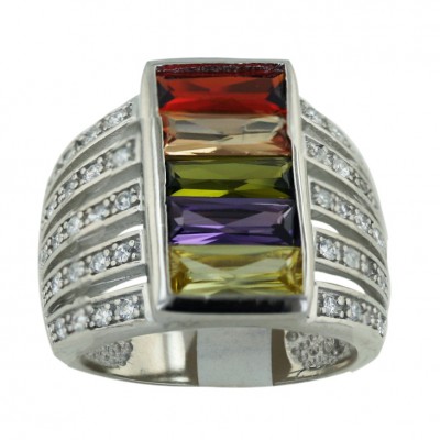 Sterling Silver Ring 20mmx10mm Garnet +Champagne+Olivine+Amethyst+Citrine Cubic Zirconia Rectangular with 5 Lin