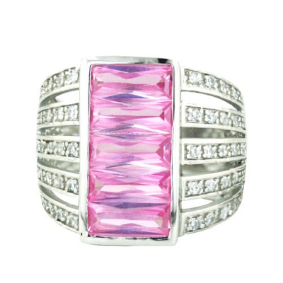 Sterling Silver Ring 20mmx10mm Pink Cubic Zirconia Rectangular with 5 Line Clear Cubic Zirconia Bot