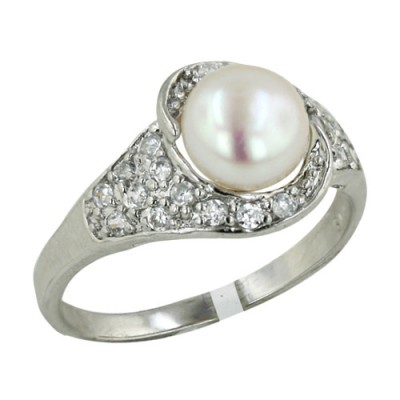 Sterling Silver Ring White Potato Fresh Water Pearl with Cubic Zirconia Around