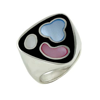 Sterling Silver Ring Blue, Pink, White Mother of Pearl in A Triangle