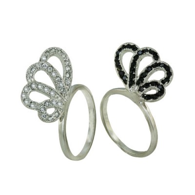 Sterling Silver Ring Black+Clear Cubic Zirconia Open Folder Butterfly