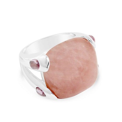 Sterling Silver Ring Cabochon Rosequartz with 4 Pink Cubic Zirconia
