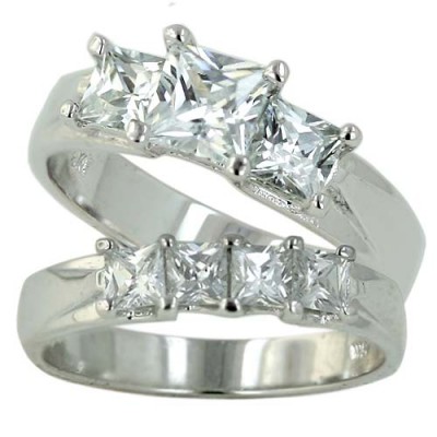 Sterling Silver Ring Engagement 7 Princess Cut Clear Cubic Zirconia Square (2Pcs